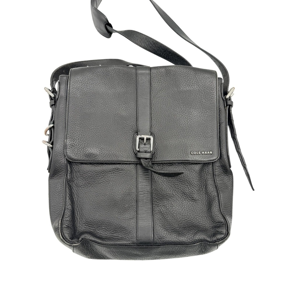 Cole Haan Messenger Bag Mens Large Black‎ Leather Crossbody Adjustable Strap